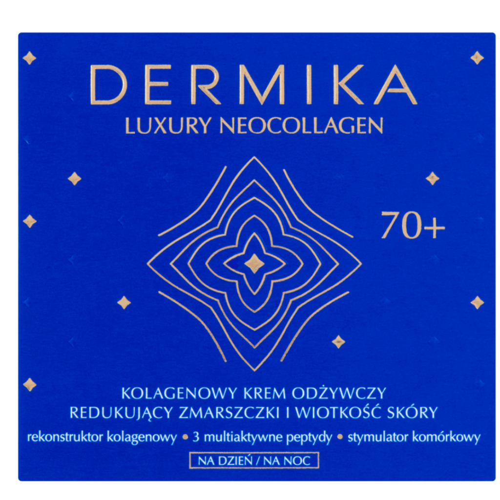 Blue box of Dermika Luxury Neocollagen 70+ Collagen Nourishing Anti-Wrinkle Cream for mature skin.
