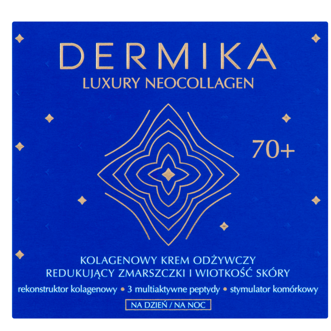 Blue box of Dermika Luxury Neocollagen 70+ Collagen Nourishing Anti-Wrinkle Cream for mature skin.
