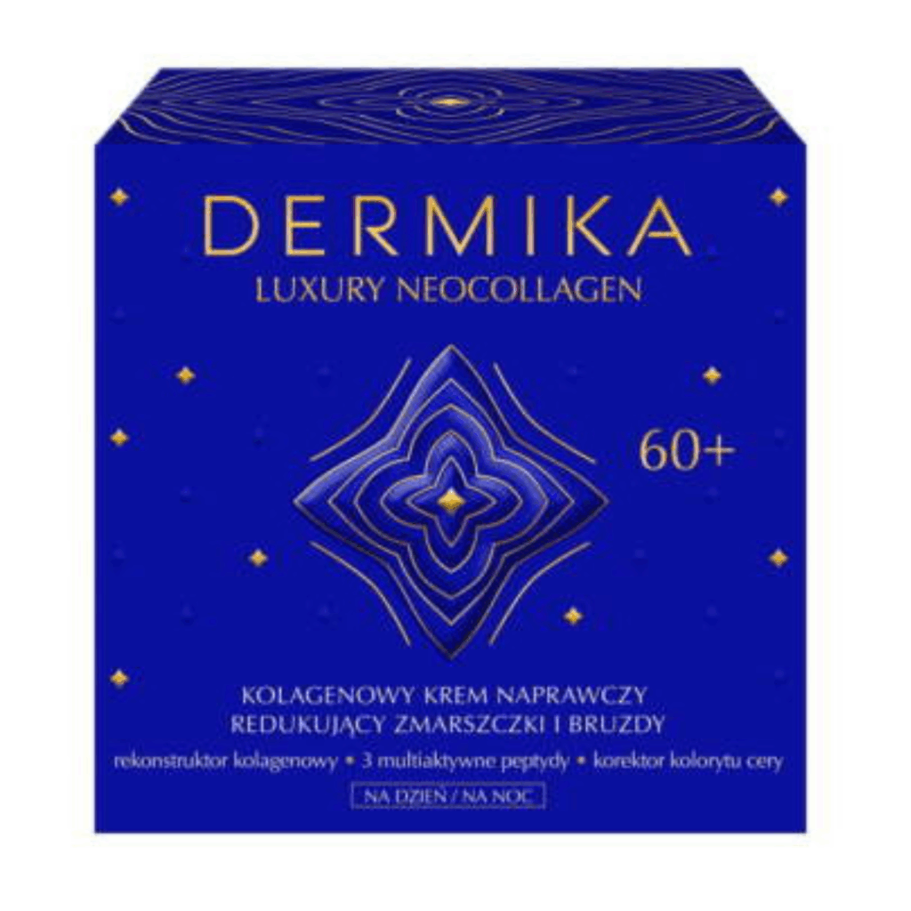 Blue box of Dermika Luxury Neocollagen 60+ Collagen Repairing Anti-Wrinkle Cream for mature skin.