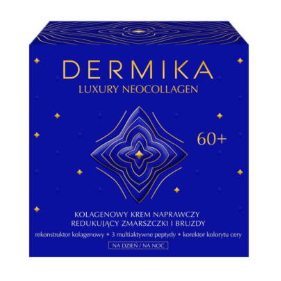Blue box of Dermika Luxury Neocollagen 60+ Collagen Repairing Anti-Wrinkle Cream for mature skin.