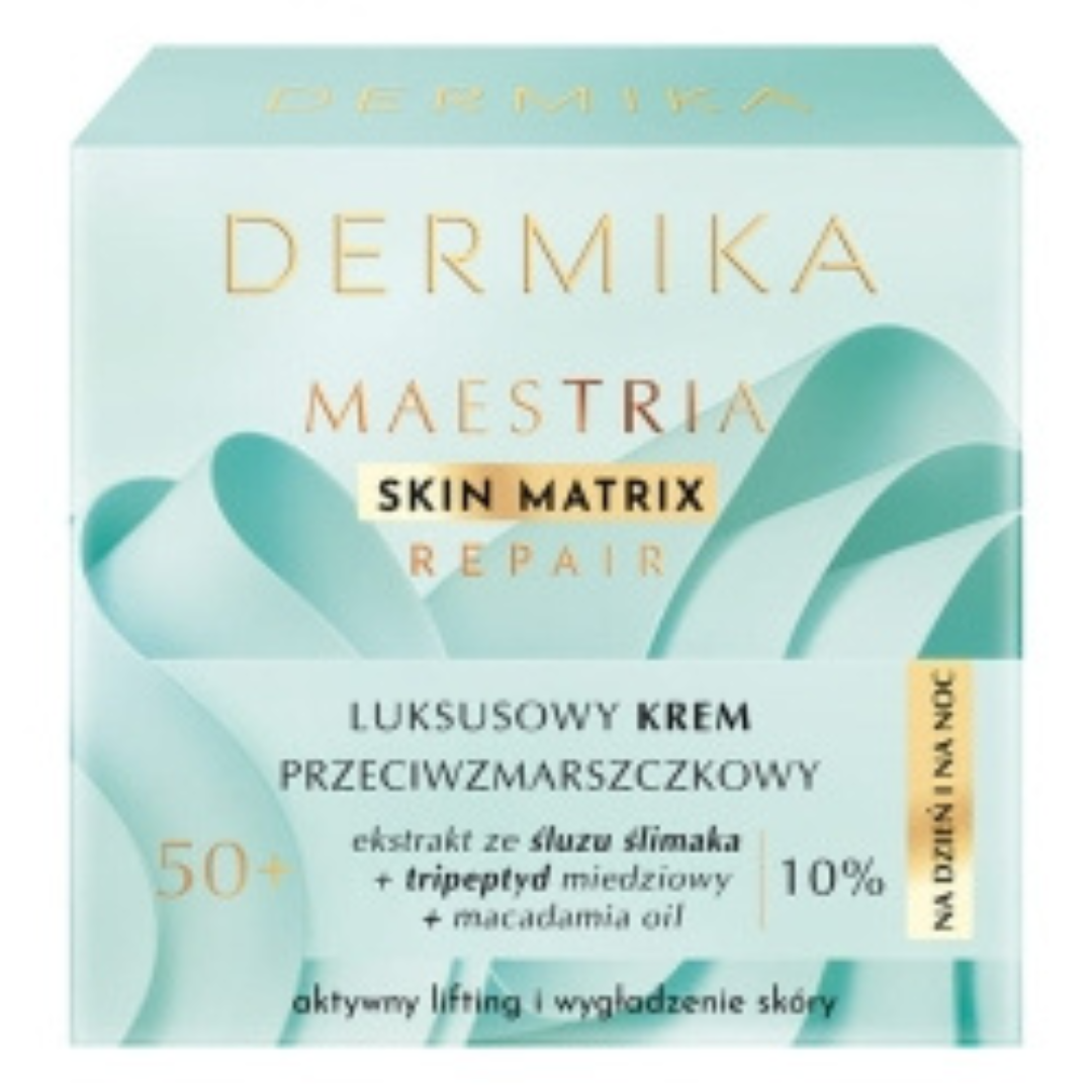 Mint green box of Dermika Maestria Skin Matrix Repair 50+ Anti-Wrinkle Cream with snail extract and macadamia oil.