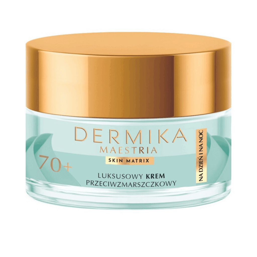 Jar of Dermika Maestria Skin Matrix 70+ Anti-Wrinkle Cream with gold lid and mint green design.