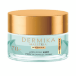 Jar of Dermika Maestria Skin Matrix 70+ Anti-Wrinkle Cream with gold lid and mint green design.