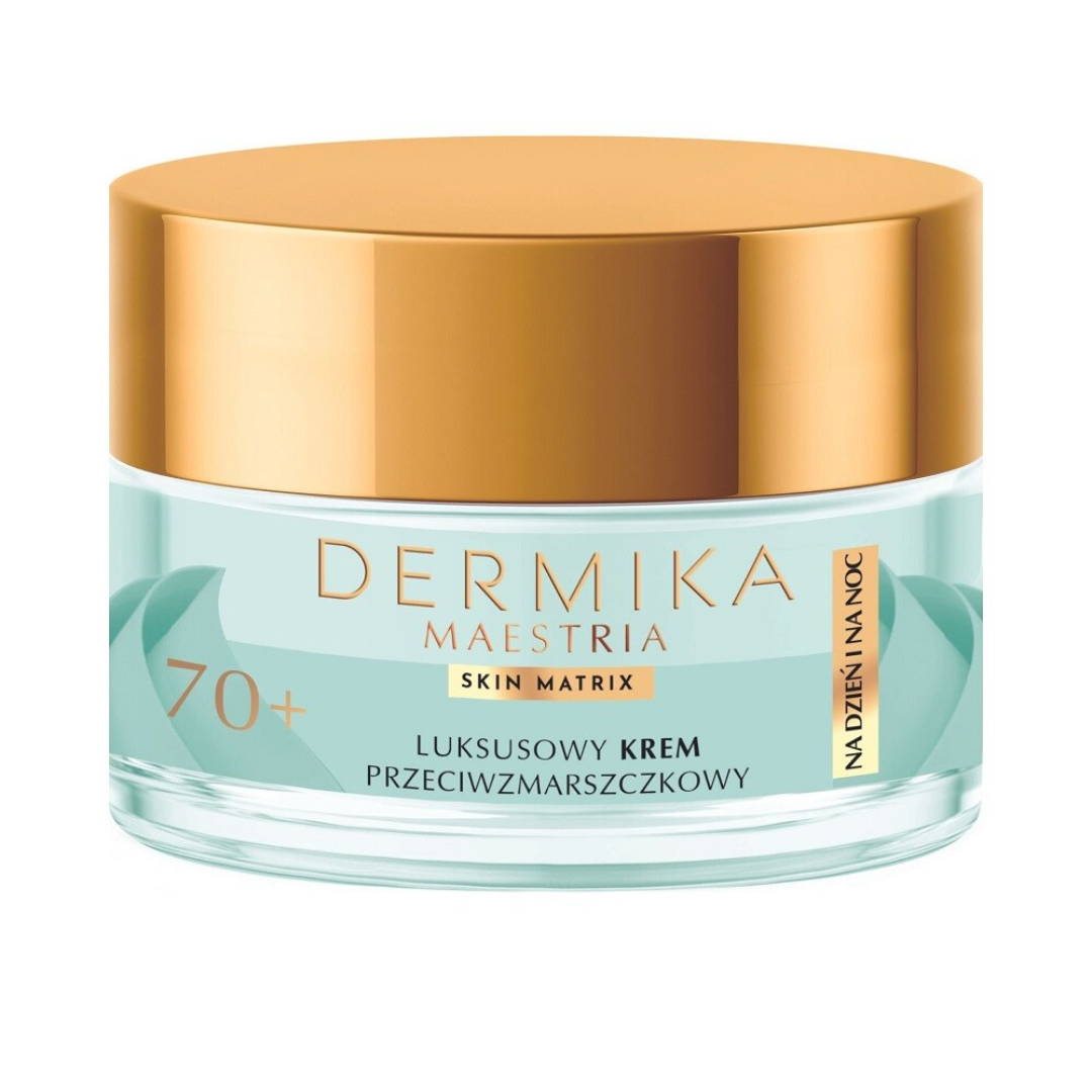 Jar of Dermika Maestria Skin Matrix 70+ Anti-Wrinkle Cream with gold lid and mint green design.