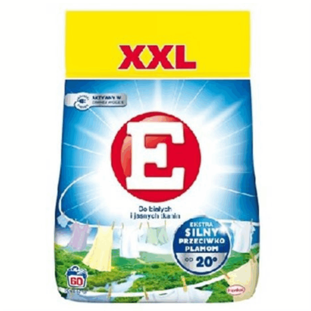XXL pack of E Laundry Detergent Powder for white and light fabrics, 60 washes.
