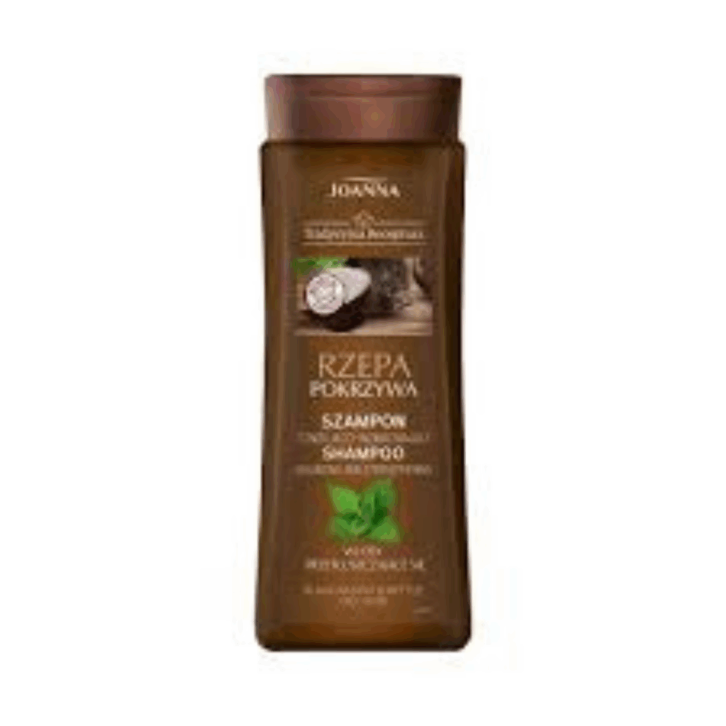 Brown bottle of Joanna Naturia Black Radish & Nettle Shampoo for oily and thinning hair, 200ml.