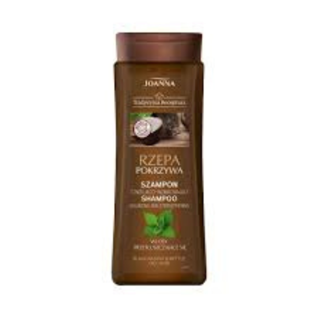 Brown bottle of Joanna Naturia Black Radish & Nettle Shampoo for oily and thinning hair, 200ml.