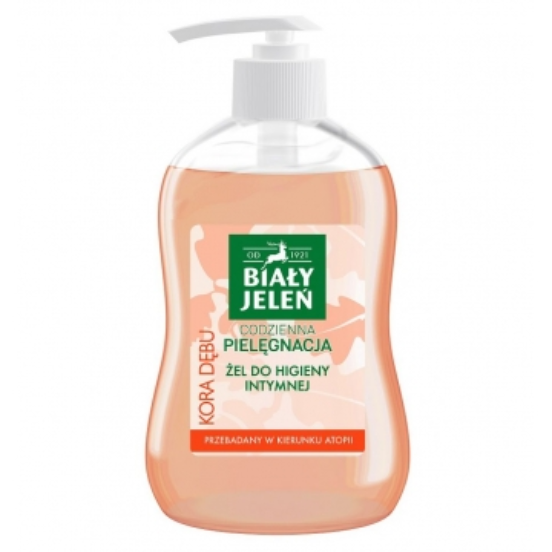 Pump bottle of Biały Jeleń Intimate Hygiene Gel with Oak Bark for sensitive skin, 500ml.