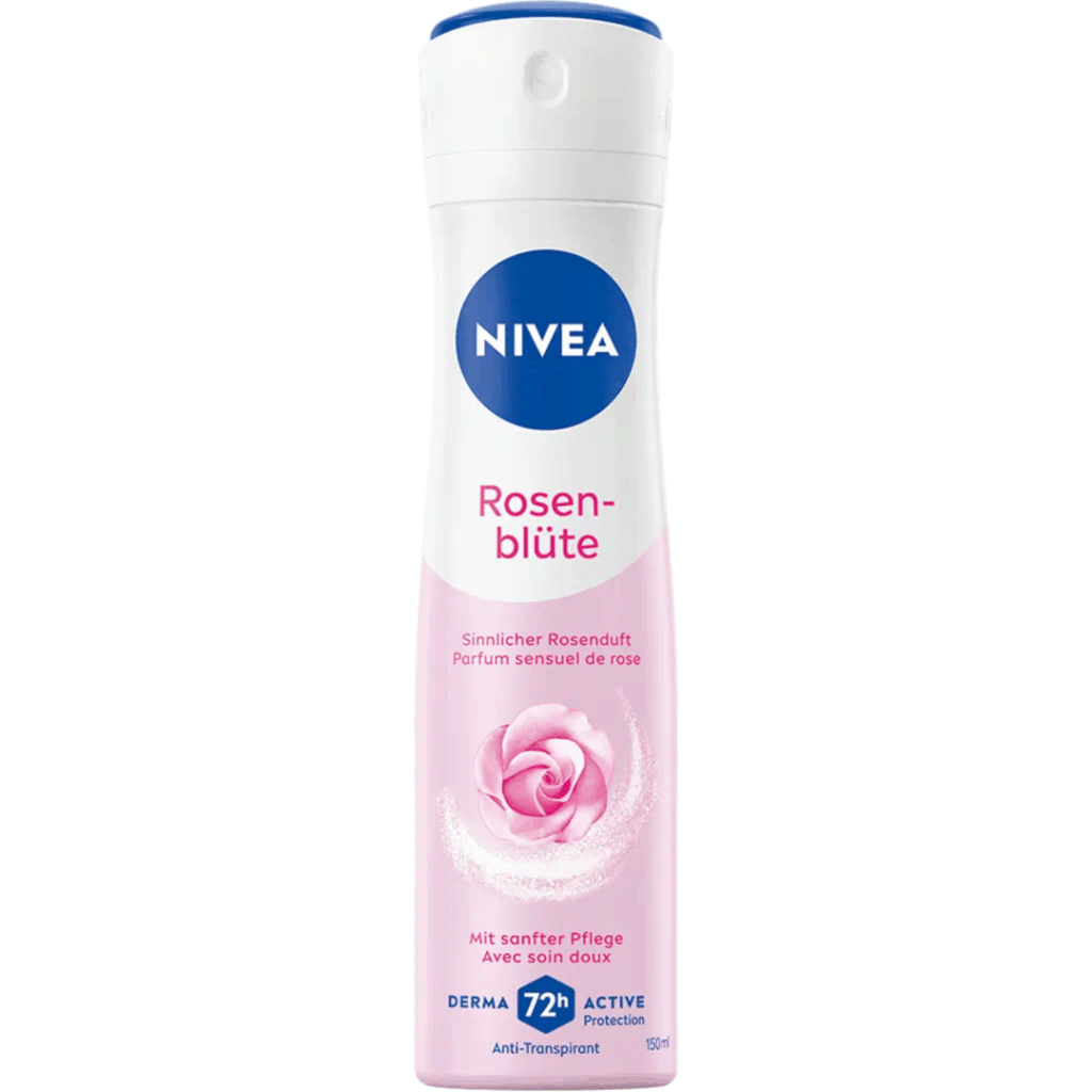 Bottle of NIVEA Rosenblüte Anti-Transpirant Spray with 72h protection and rose fragrance, 150ml.