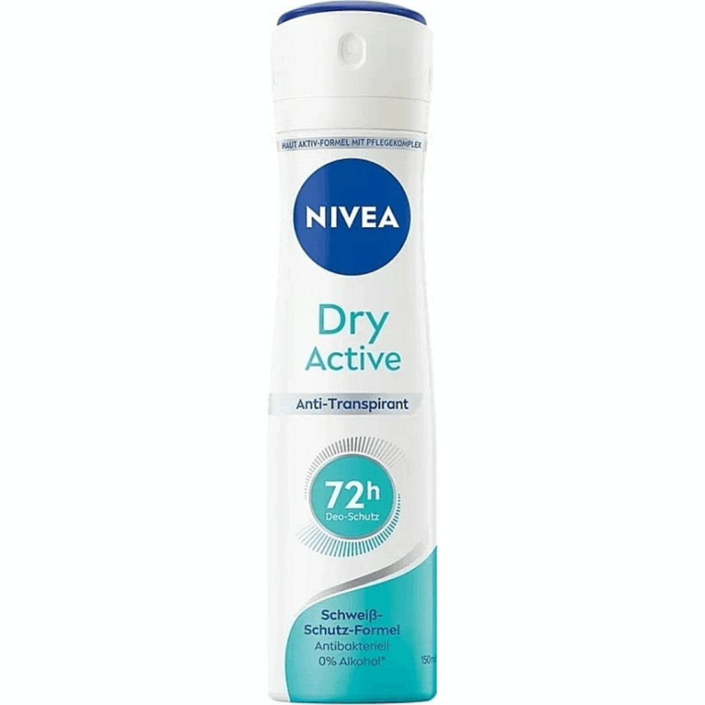 Bottle of NIVEA Dry Active Anti-Transpirant Spray with 72h protection and 0% alcohol, 150ml.