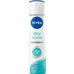 Bottle of NIVEA Dry Active Anti-Transpirant Spray with 72h protection and 0% alcohol, 150ml.