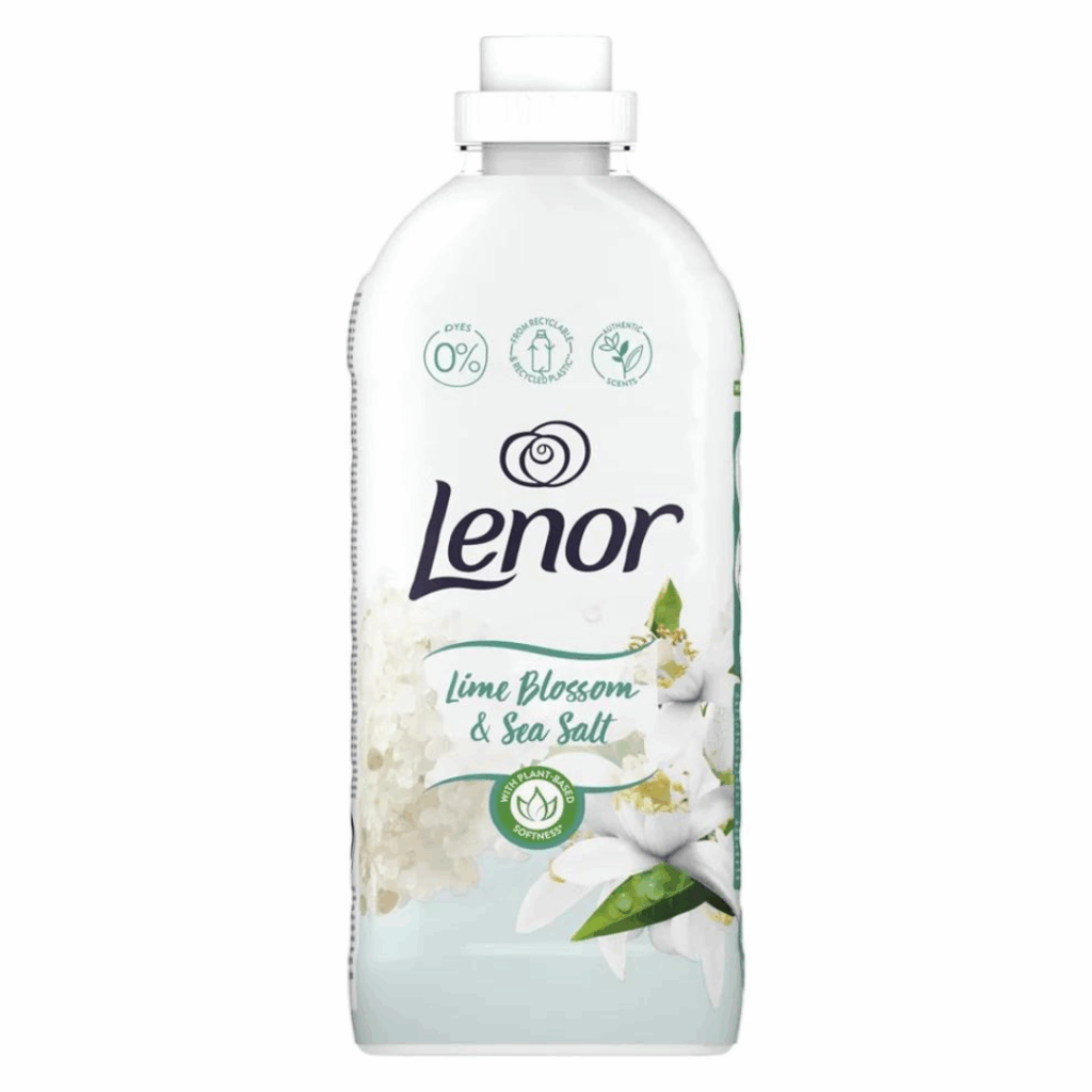 Lenor Fabric Softener Lime Blossom & Sea Salt – 840ml bottle with floral design and eco-friendly label