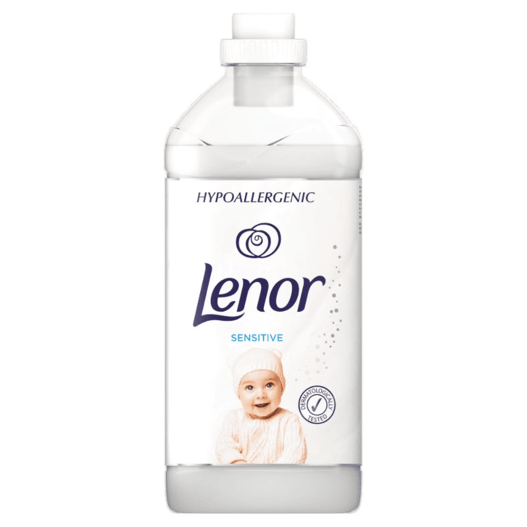 Lenor Sensitive Fabric Softener 925ml – hypoallergenic bottle with baby image and white clean design