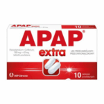 Box of APAP Extra Pain Relief Tablets, 500mg Paracetamol + 65mg Caffeine, 10 coated tablets