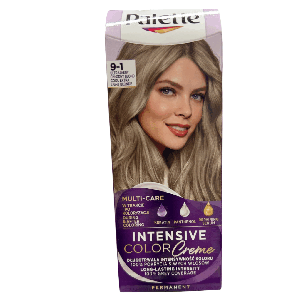 Box of Palette Intensive Color Creme in shade 9-1 Cool Extra Light Blonde, permanent hair dye with keratin and serum