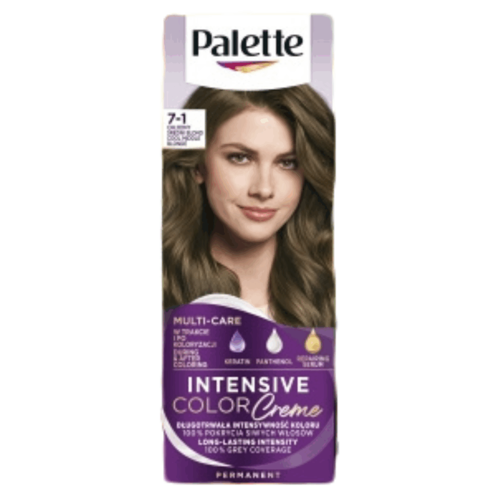 Box of Palette Intensive Color Creme permanent hair dye in shade 7-1 Ash Blonde featuring a model with cool-toned light brown/ash blonde hair.