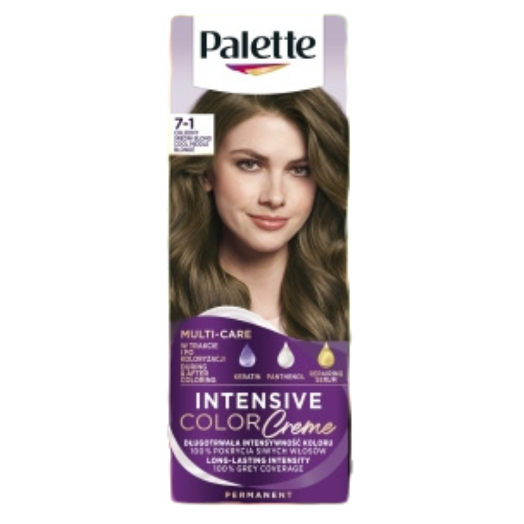 Box of Palette Intensive Color Creme permanent hair dye in shade 7-1 Ash Blonde featuring a model with cool-toned light brown/ash blonde hair.