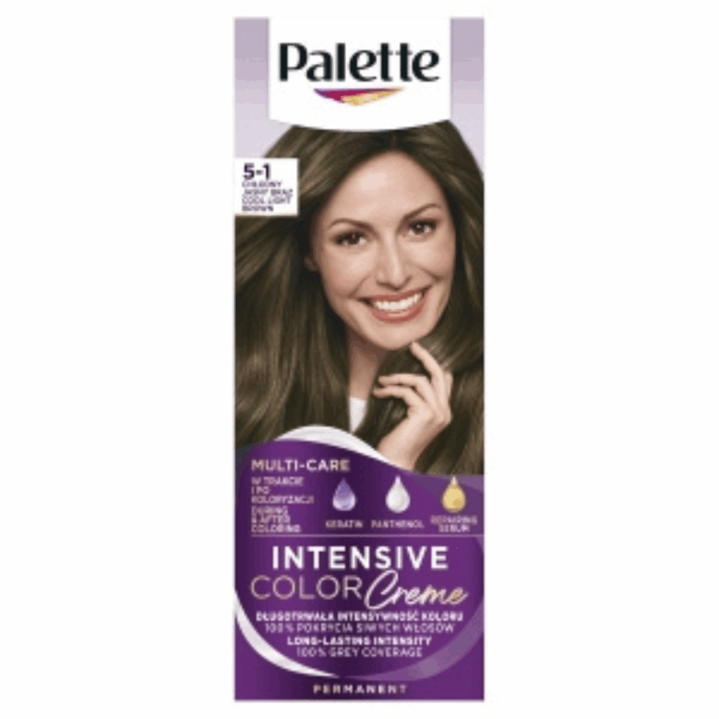 Box of Palette Intensive Color Creme permanent hair dye in shade 5-1 Cool Light Brown featuring a model with glossy, cool-toned light brown hair.