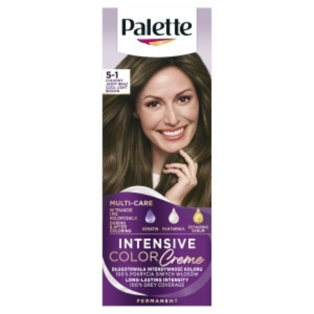 Box of Palette Intensive Color Creme permanent hair dye in shade 5-1 Cool Light Brown featuring a model with glossy, cool-toned light brown hair.