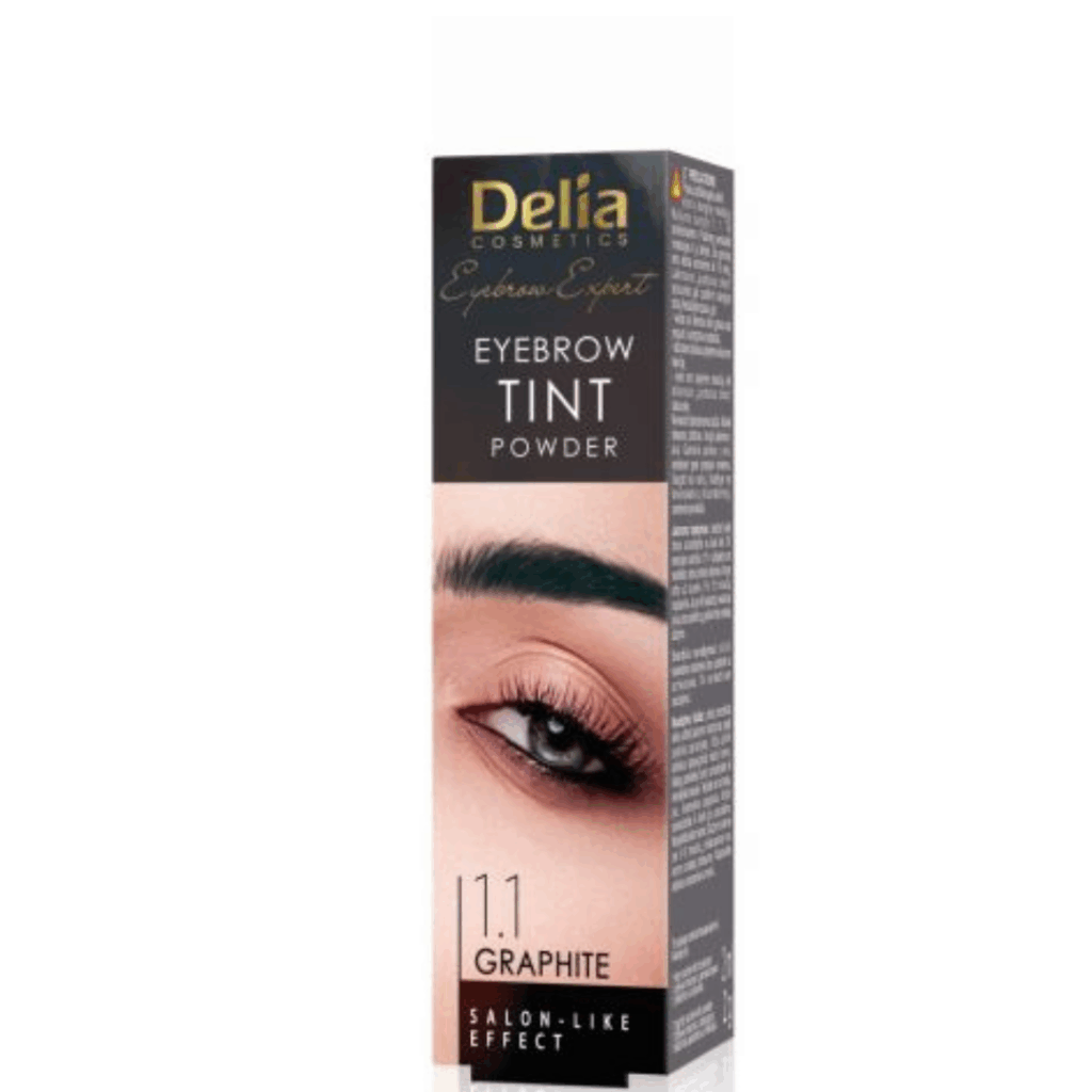 Box of Delia Cosmetics Eyebrow Tint Powder in shade 1.1 Graphite showing a close-up of a model’s perfectly defined eyebrow.