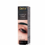 Box of Delia Cosmetics Eyebrow Tint Powder in shade 1.1 Graphite showing a close-up of a model’s perfectly defined eyebrow.