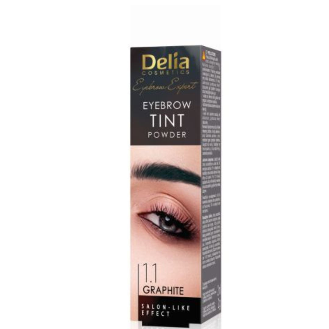Box of Delia Cosmetics Eyebrow Tint Powder in shade 1.1 Graphite showing a close-up of a model’s perfectly defined eyebrow.