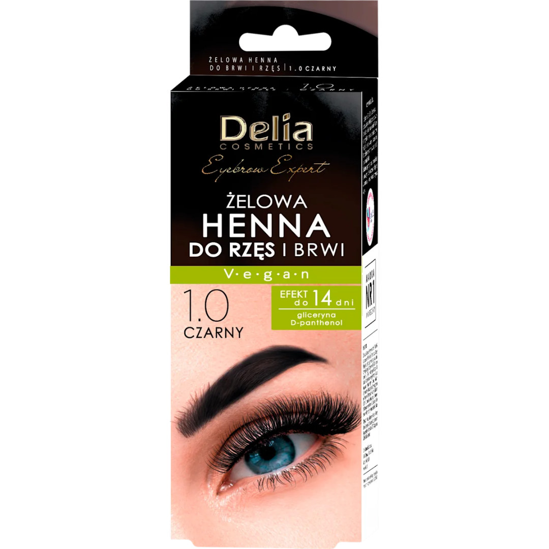 Delia Cosmetics Eyebrow Expert Vegan Gel Henna Black 1.0 packaging for eyebrows and eyelashes