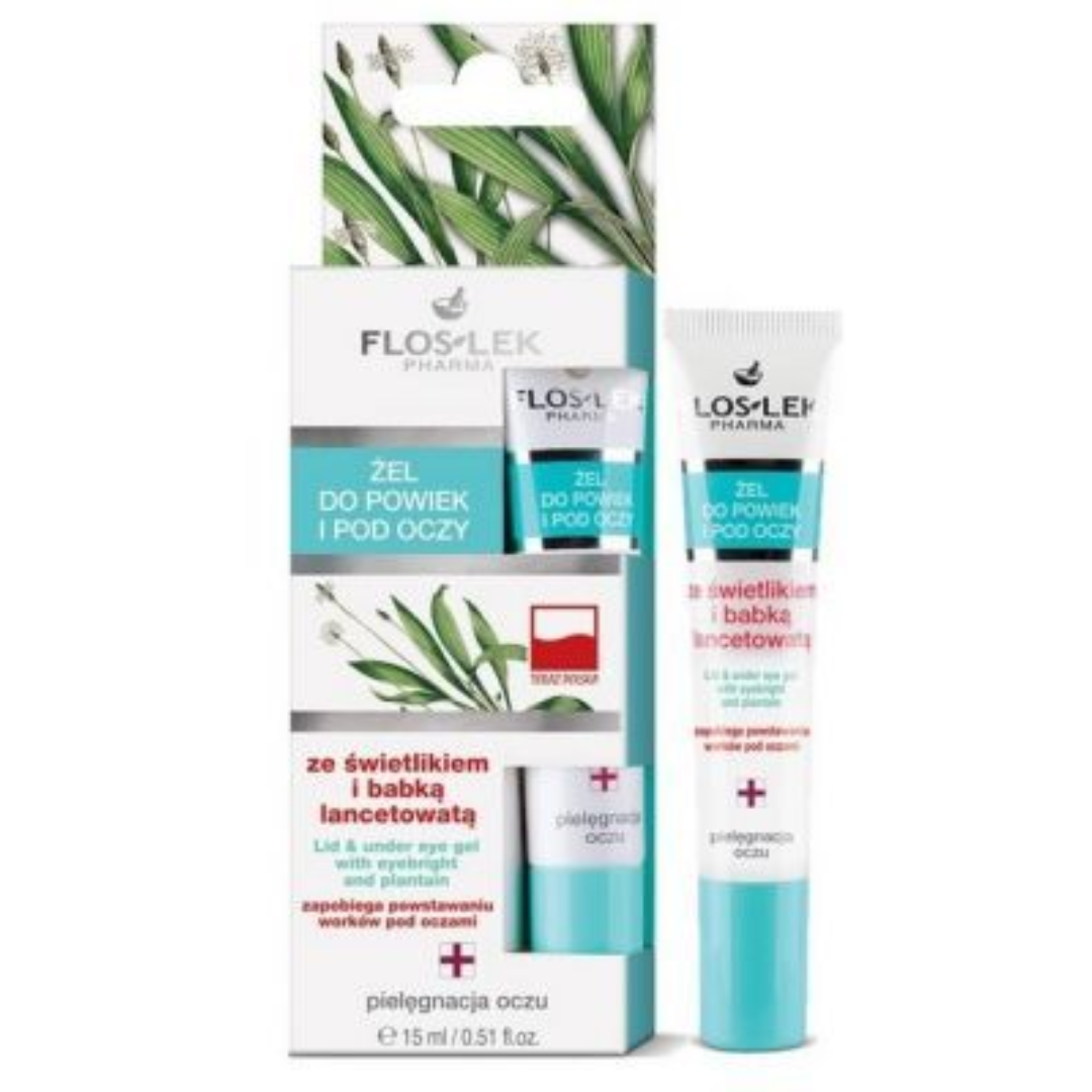 Floslek Pharma Eye Gel for eyelids and under eyes with eyebright and plantain 15 ml vegan packaging