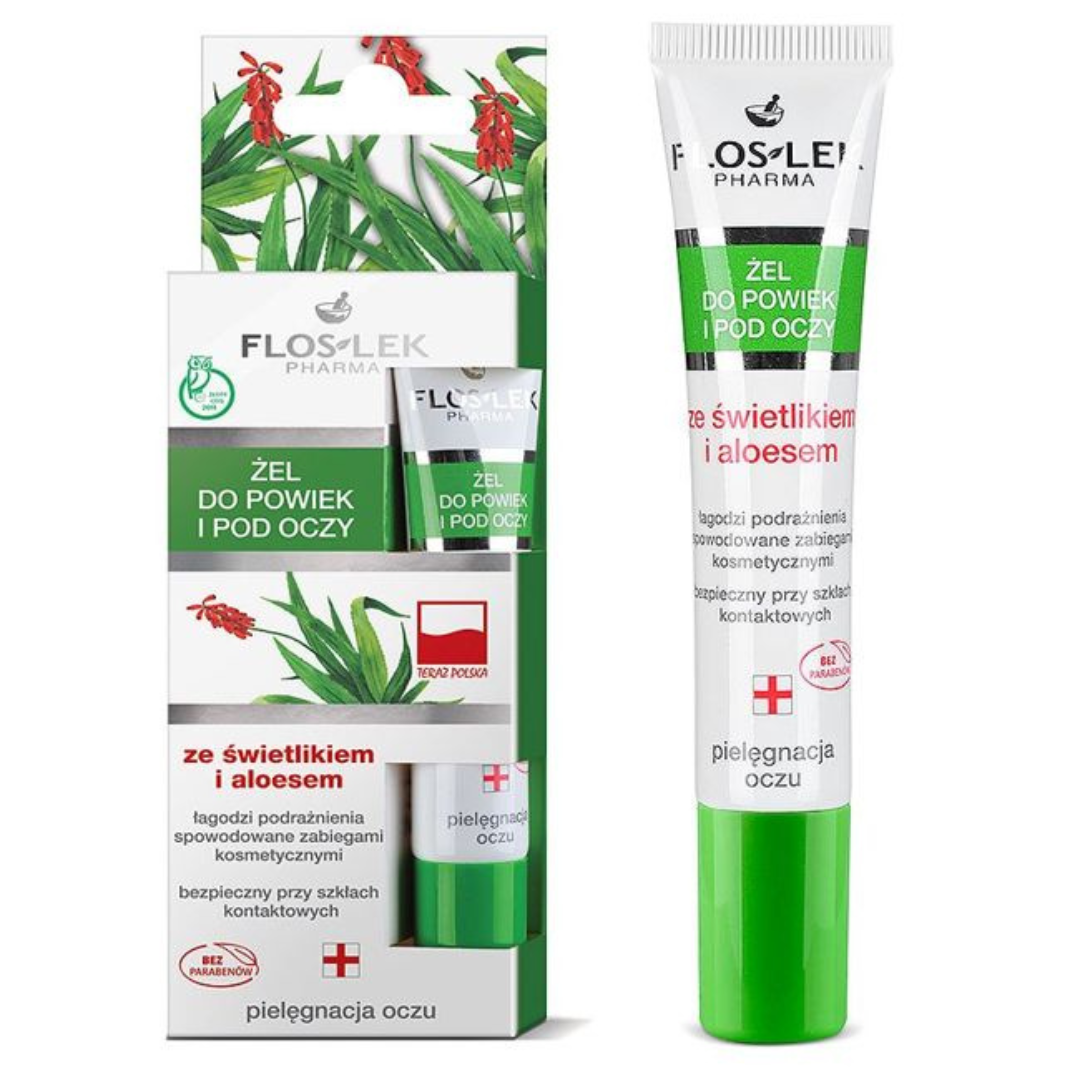 Floslek Pharma Eye and Eyelid Gel with eyebright and aloe vera 15 ml vegan packaging