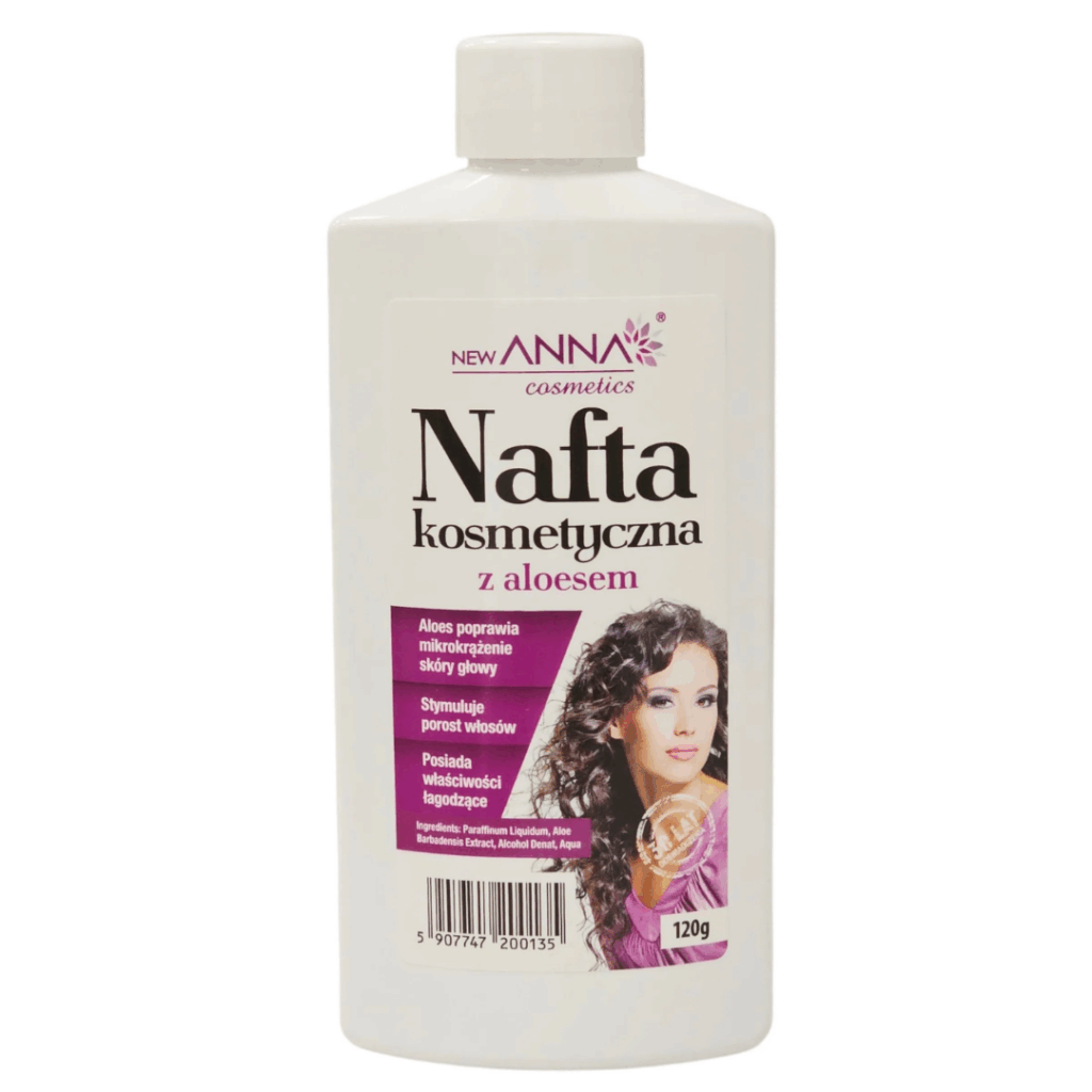 Bottle of New Anna Cosmetic Naphtha with Aloe Vera scalp treatment for hair growth and soothing scalp care, 120 g