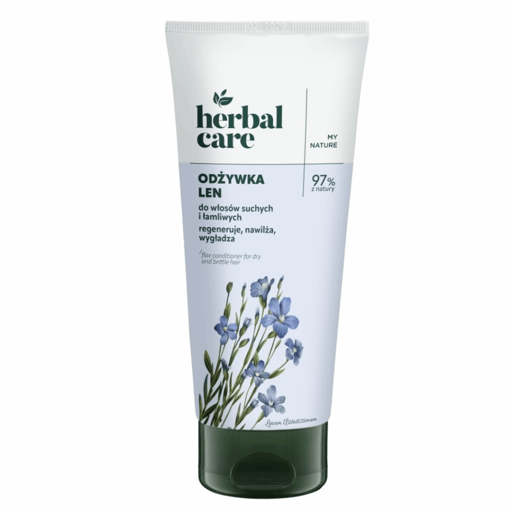 Tube of Herbal Care Flax Hair Conditioner for dry and brittle hair with flax extract, 97% natural formula