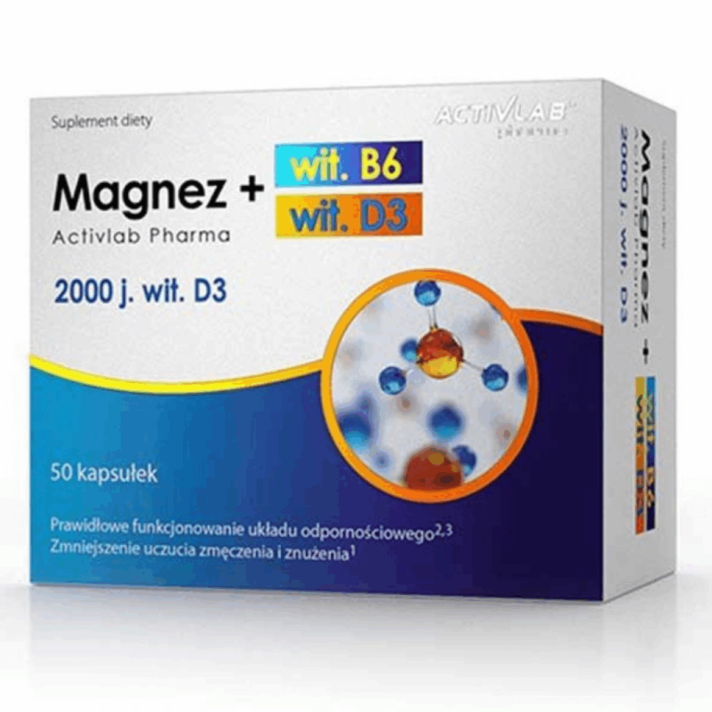 Box of Activlab Pharma Magnesium with Vitamin B6 and D3 dietary supplement capsules, 50 count