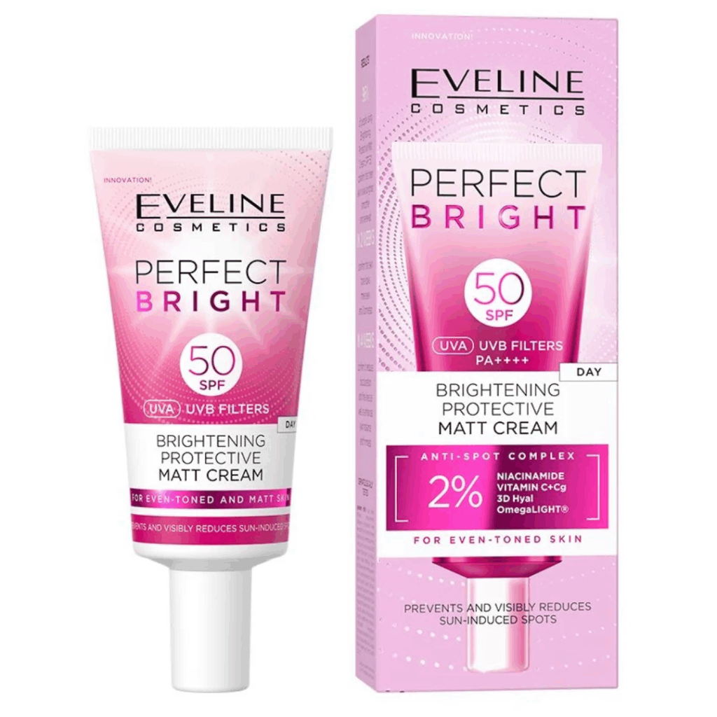 Tube and box of Eveline Cosmetics Perfect Bright SPF 50 Brightening Protective Matt Cream with UVA and UVB filters