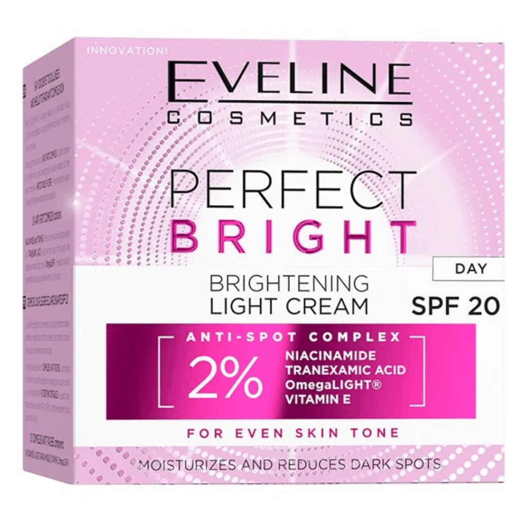 Box of Eveline Cosmetics Perfect Bright Brightening Light Cream SPF 20 with 2% Anti-Spot Complex