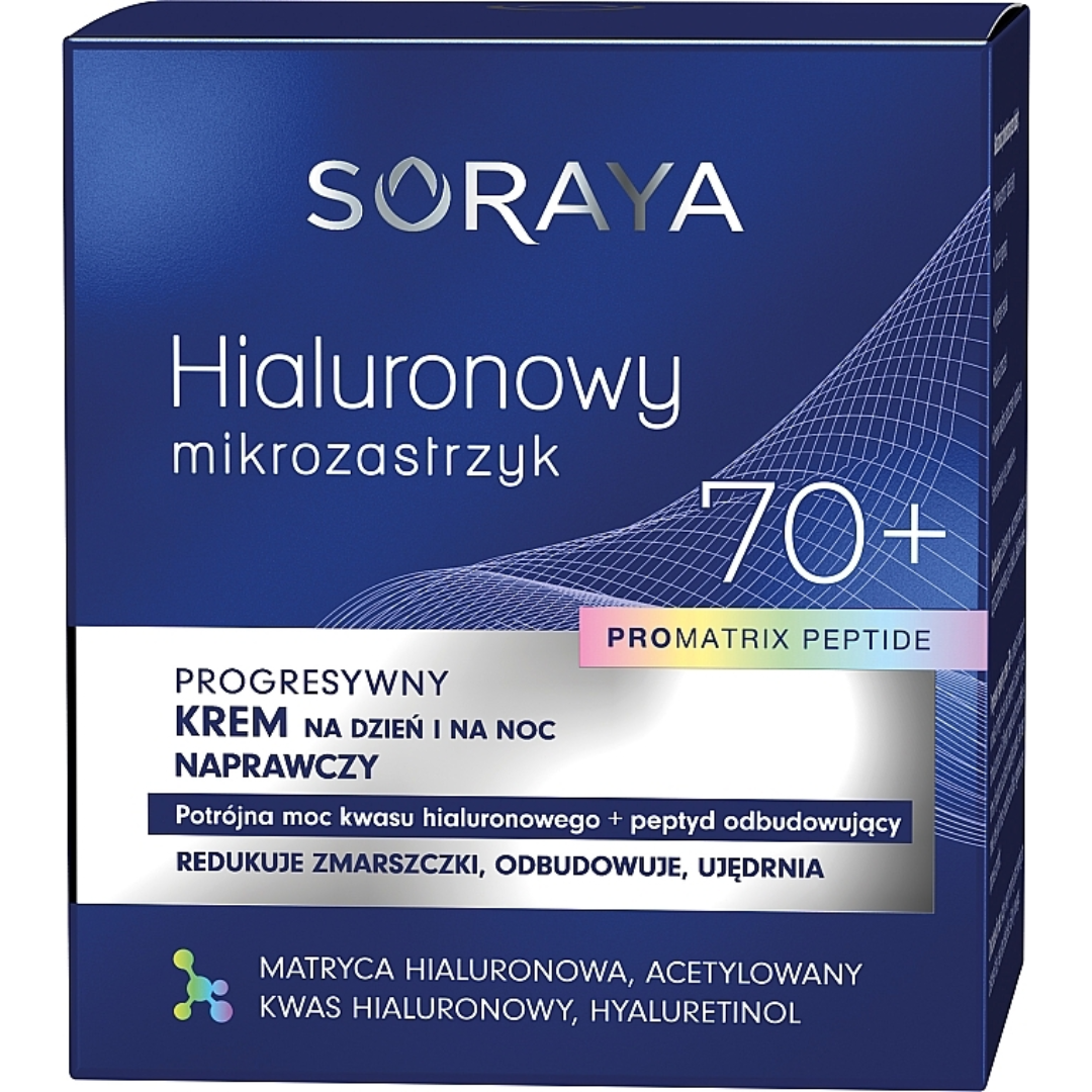 Box of Soraya Hyaluronic Microinjection 70+ Progressive Repair Day and Night Face Cream with ProMatrix Peptide