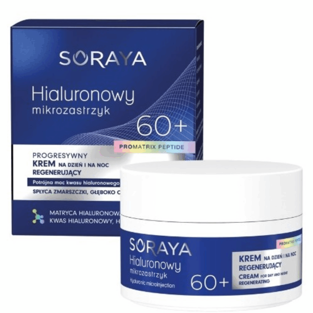 Jar and box of Soraya Hyaluronic Microinjection 60+ Progressive Regenerating Day and Night Face Cream with ProMatrix Peptide