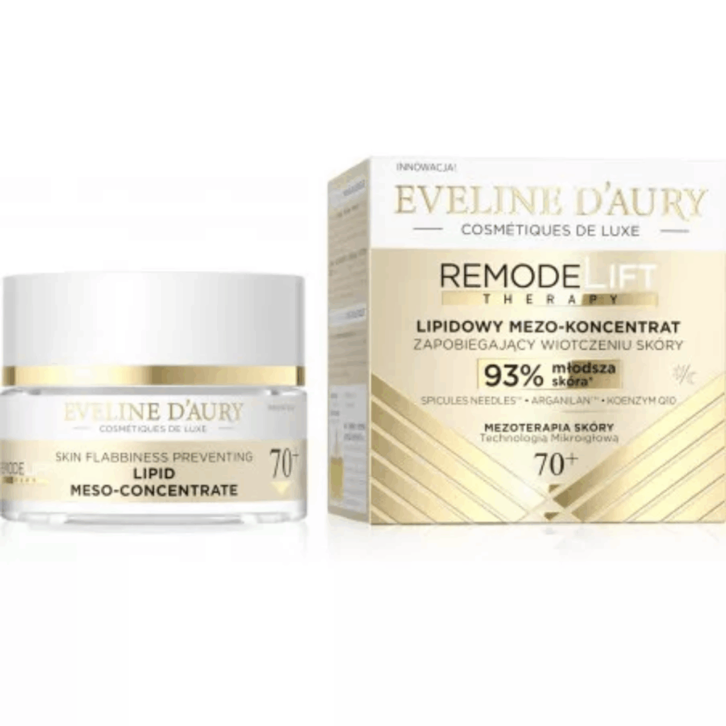Eveline D’Aury Remodelift Lipid Meso-Concentrate Cream 70+ in white and gold packaging, 50ml jar for mature skin care.