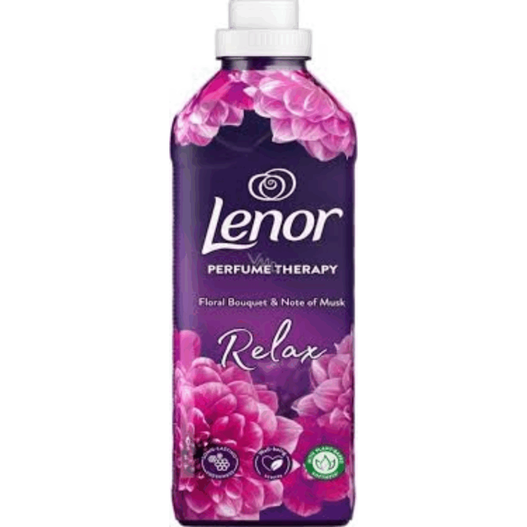 Lenor Perfume Therapy Relax Fabric Softener 700ml bottle with floral bouquet and musk fragrance.