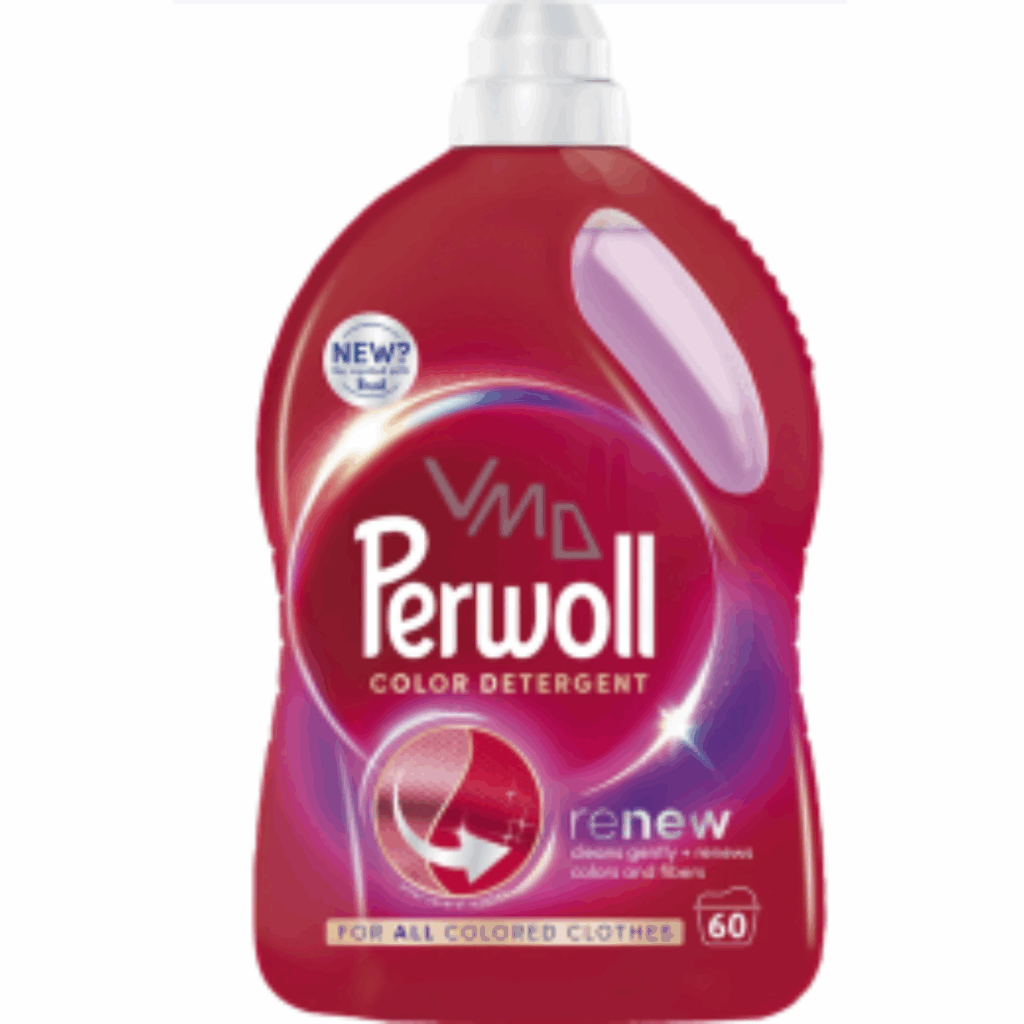 Perwoll Renew Color Liquid Detergent 3L bottle for all colored clothes, featuring fiber care and color renewal formula.