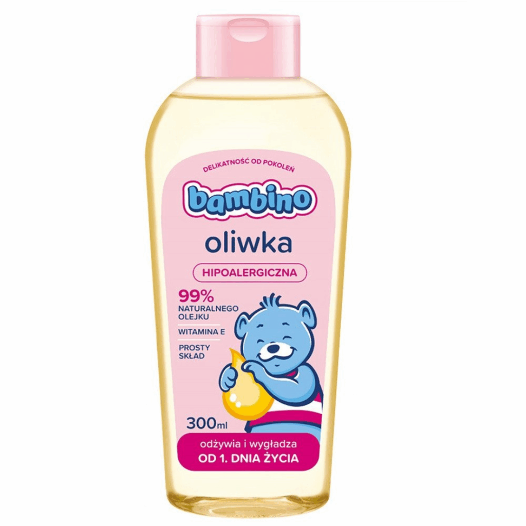 Bottle of Bambino Hypoallergenic Baby Oil 300ml with pink cap and label featuring a blue teddy bear holding a drop of oil.