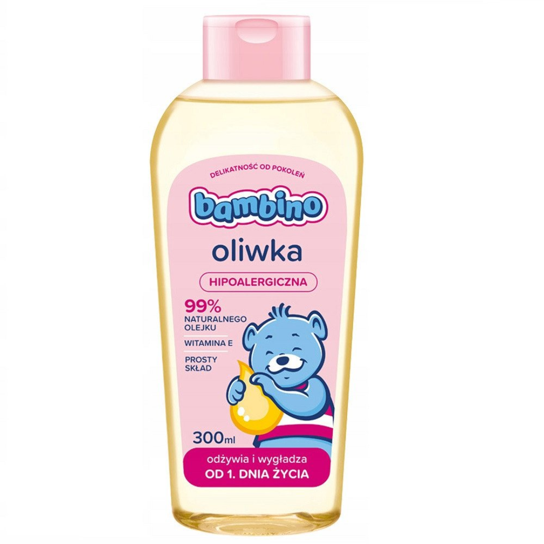 Bottle of Bambino Hypoallergenic Baby Oil 300ml with pink cap and label featuring a blue teddy bear holding a drop of oil.