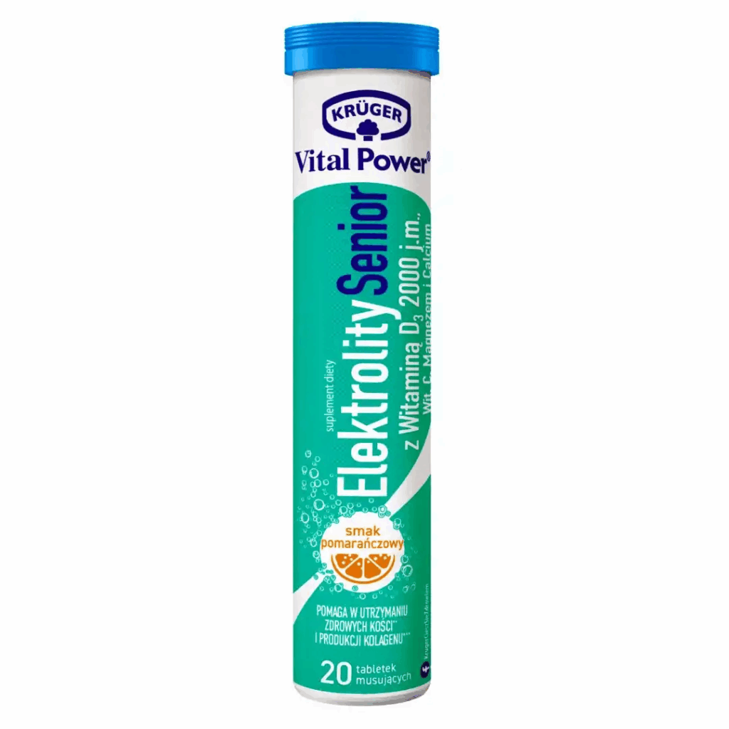 Tube of Krüger Vital Power Electrolyte Senior with Vitamin D3 2000 IU, orange flavor, 20 effervescent tablets.