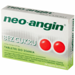 Box of Neo-Angin Sugar Free throat lozenges, 24 tablets, white and green packaging with two red lozenges shown.