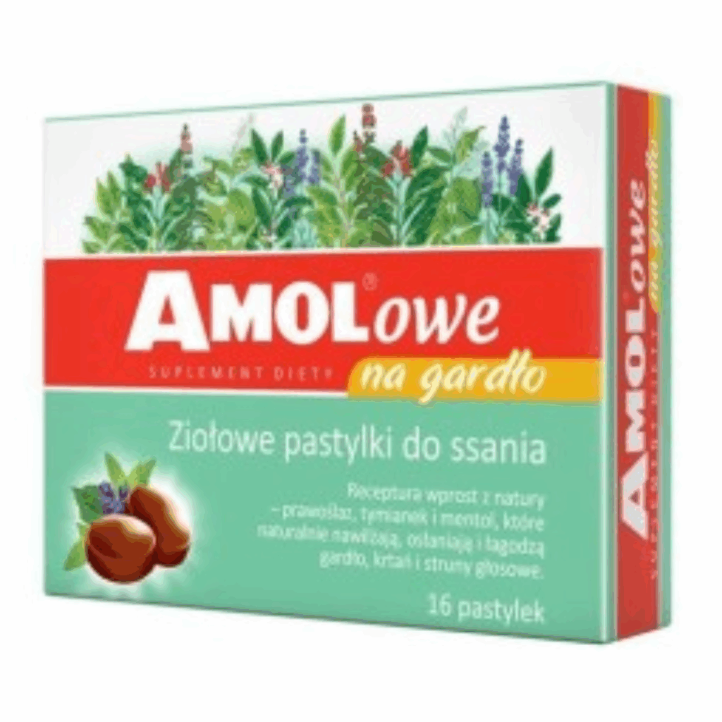 Box of Amolowe na Gardło herbal throat lozenges, 10 pastilles, green and red packaging with herbal illustrations.