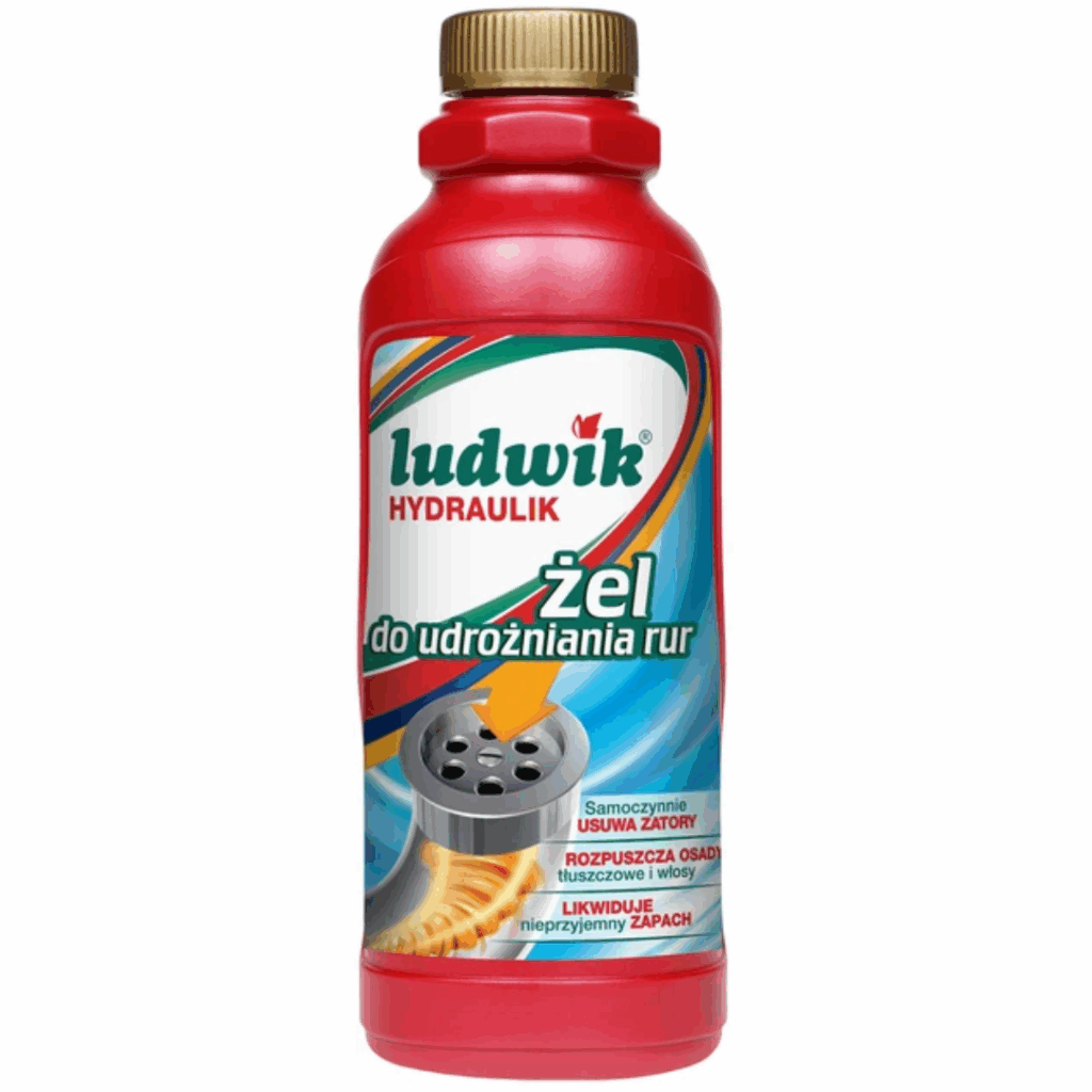 Ludwik Hydraulik drain unblocker gel bottle for dissolving grease, hair, and pipe blockages.