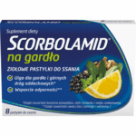 Scorbolamid na gardło herbal throat lozenges dietary supplement box with elderberry, lemon, and herbs, 8 pastilles.
