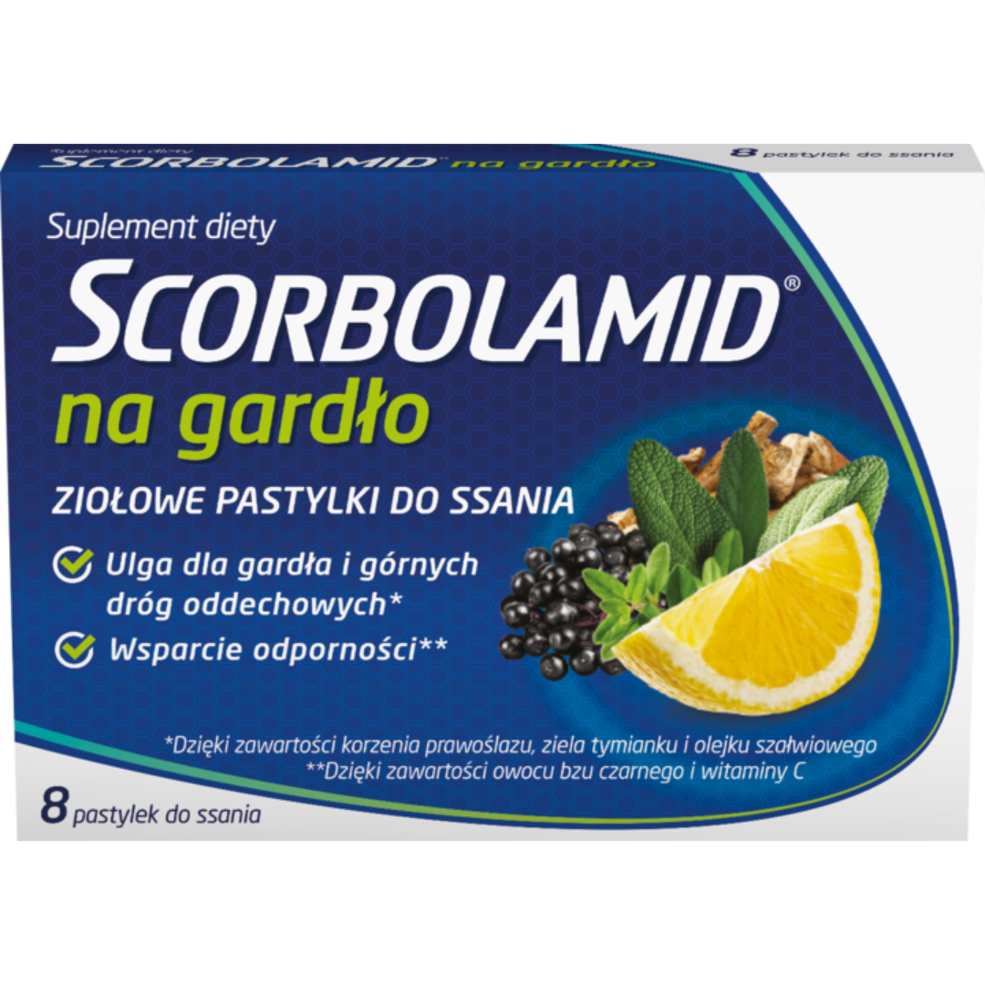 Scorbolamid na gardło herbal throat lozenges dietary supplement box with elderberry, lemon, and herbs, 8 pastilles.