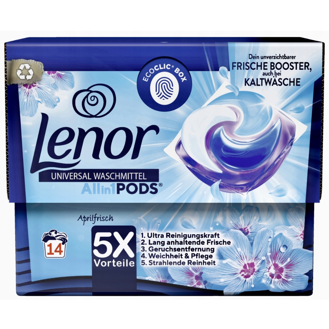 Lenor Universal All in 1 PODS Aprilfrisch laundry detergent capsules, 14 washes, eco box packaging.