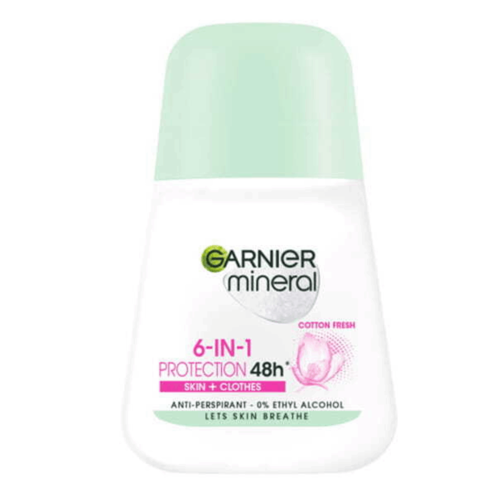 Garnier Mineral 6-in-1 Protection 48H Cotton Fresh anti-perspirant roll-on 50ml with 0% ethyl alcohol.