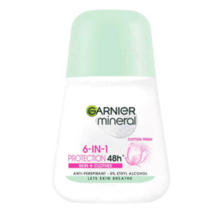Garnier Mineral 6-in-1 Protection 48H Cotton Fresh anti-perspirant roll-on 50ml with 0% ethyl alcohol.